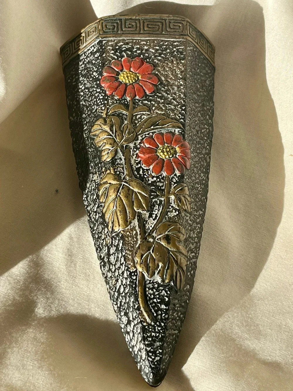 Vtg Tokanabe Japanese Blackware Ceramic Wall Pocket Vase Flower Planter Orange - Picture 1 of 16